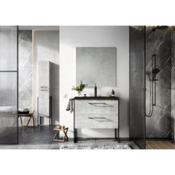 Atlantic Badmeubelset Sienna Met Spiegel En Zwarte Wastafel 80cm Beton -Badkamer Verkoop 123 1219