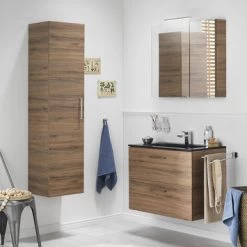 Tiger Studio Badkamermeubel 80 Cm Chalet Eiken Met Wastafel Polybeton Mat Zwart Greep Rvs Afgerond -Badkamer Verkoop 123 1492