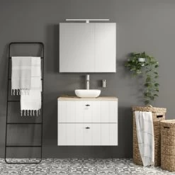 Tiger Maryport Badkamermeubelset 80 Cm Mat Wit Met Licht Eiken Wasblad, Keramische Opzetkom En Matzwarte Grepen -Badkamer Verkoop 123 1981