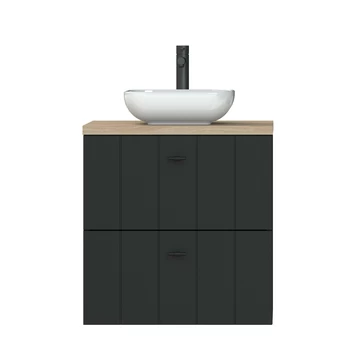 Tiger Maryport Badkamermeubelset 60 Cm Mat Zwart Met Licht Eiken Wasblad, Keramische Opzetkom En Matzwarte Grepen 8 Tiger Maryport Badkamermeubelset 60 Cm Mat Zwart Met Licht Eiken Wasblad, Keramische Opzetkom En Matzwarte Grepen - Afbeelding 6