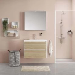 Tiger Reverse Meubelset 80 Cm Met 2 Lades Naturel Eik / Mat Wit Inclusief Quadro Wastafel Hoogglans Wit -Badkamer Verkoop 123 2642