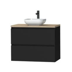 Tiger Karlo Badkamermeubel 80cm Mat Zwart Met Eiken Wasblad En Keramische Waskom