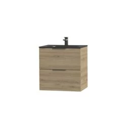 Tiger Studio Badkamermeubel 60 Cm Chalet Eiken Met Wastafel Polybeton Mat Zwart Greep Rvs Plat -Badkamer Verkoop 123 2859