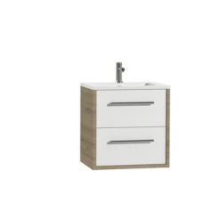 Tiger Badkamermeubel Boston 60 Cm Chalet Eik Met Polybeton Wastafel Wit En Ronde Grepen RVS -Badkamer Verkoop 123 2866