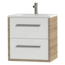 Tiger Badkamermeubel Boston 60 Cm Chalet Eik Met Polybeton Wastafel Wit En Ronde Grepen RVS -Badkamer Verkoop 123 2867