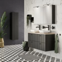 Tiger Maryport Badkamermeubelset 120 Cm Mat Zwart Met Licht Eiken Houten Wasblad, Keramische Opzetkommen En Matzwarte Grepen -Badkamer Verkoop 123 2894