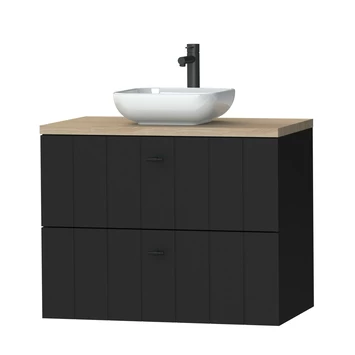 Tiger Maryport Badkamermeubelset 80 Cm Mat Zwart Met Licht Eiken Houten Wasblad, Keramische Opzetkom En Matzwarte Grepen 3 Tiger Maryport Badkamermeubelset 80 Cm Mat Zwart Met Licht Eiken Houten Wasblad, Keramische Opzetkom En Matzwarte Grepen