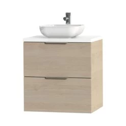 Tiger Badkamermeubel Studio 60 Cm Naturel Eik Met Keramische Waskom Hoogglans Wit En Profielgrepen -Badkamer Verkoop 123 3038