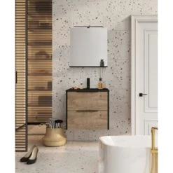 Atlantic Badmeubelset Aria met Spiegel En Zwarte Wastafel 60cm Canela Eiken  -Badkamer Verkoop 123 3044