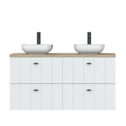 Tiger Maryport Badkamermeubelset 120 Cm Mat Wit Met Licht Eiken Houten Wasblad, Keramische Opzetkom En Matzwarte Grepen -Badkamer Verkoop 123 594