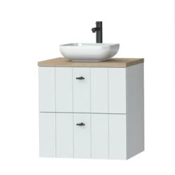 Tiger Maryport Badkamermeubelset 60 Cm Mat Wit Met Licht Eiken Wasblad, Witte Keramische Opzetkom En Matzwarte Grepen