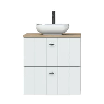 Tiger Maryport Badkamermeubelset 60 Cm Mat Wit Met Licht Eiken Wasblad, Witte Keramische Opzetkom En Matzwarte Grepen 8 Tiger Maryport Badkamermeubelset 60 Cm Mat Wit Met Licht Eiken Wasblad, Witte Keramische Opzetkom En Matzwarte Grepen - Afbeelding 6